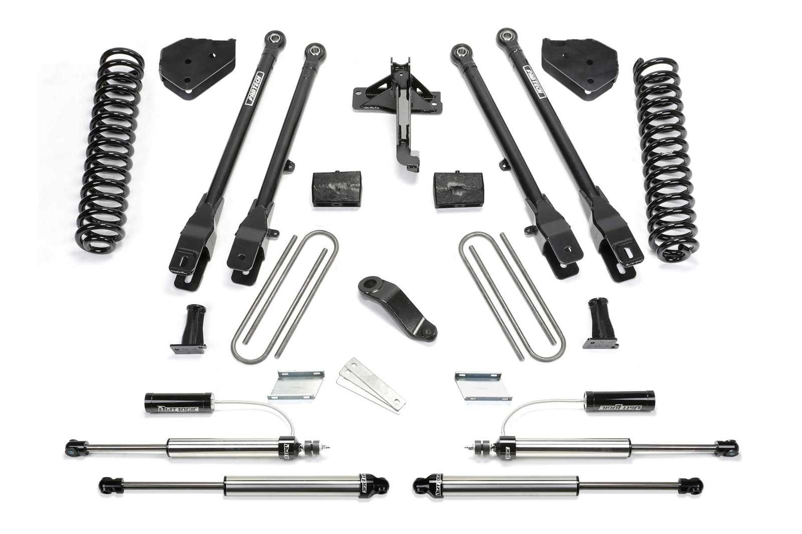 Fabtech 4" 4 Link System w/Front Dirt Logic 2.25 Reservoir Shocks & Rear 2.25 Shocks Kit for 2017-2024 Ford F350 Super Duty 4WD w/4" lift