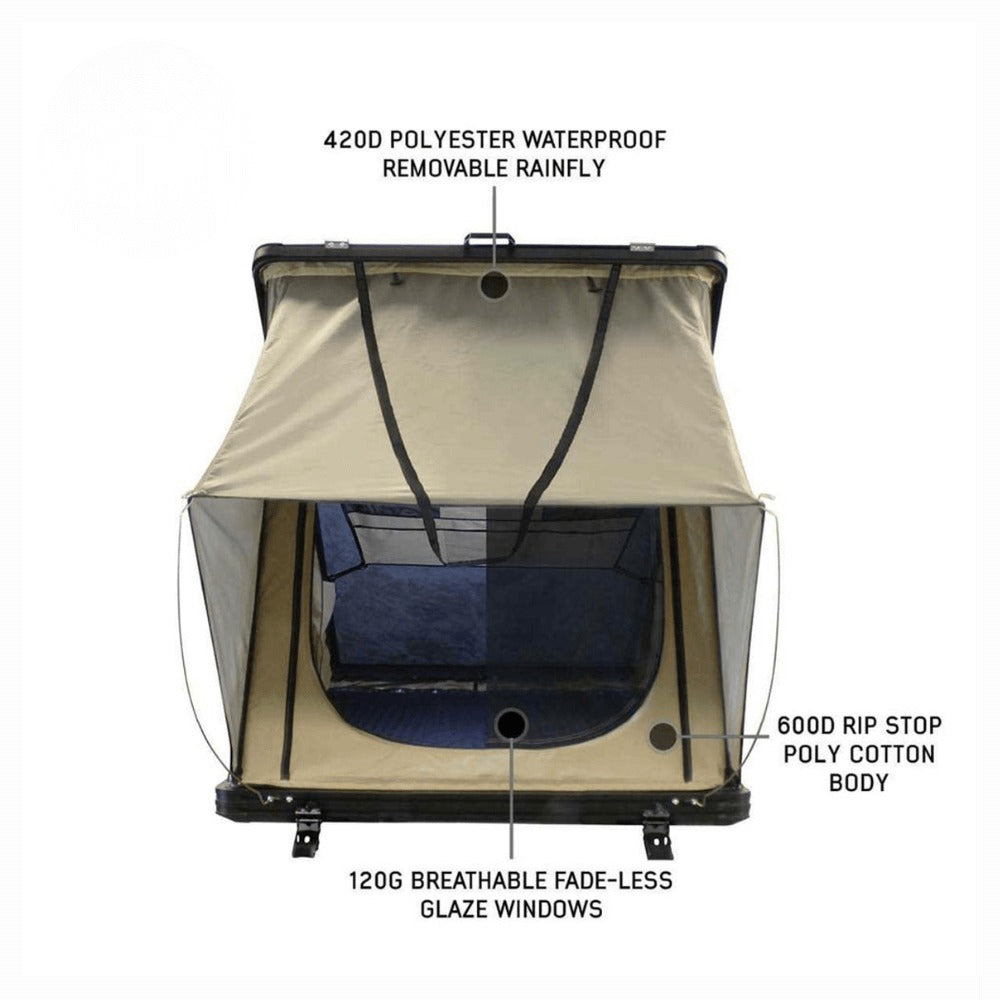 LD TMON Clamshell Aluminum Hard Shell Roof Top Tent - 2 Person Capacity, Tan Body & Green Rainfly